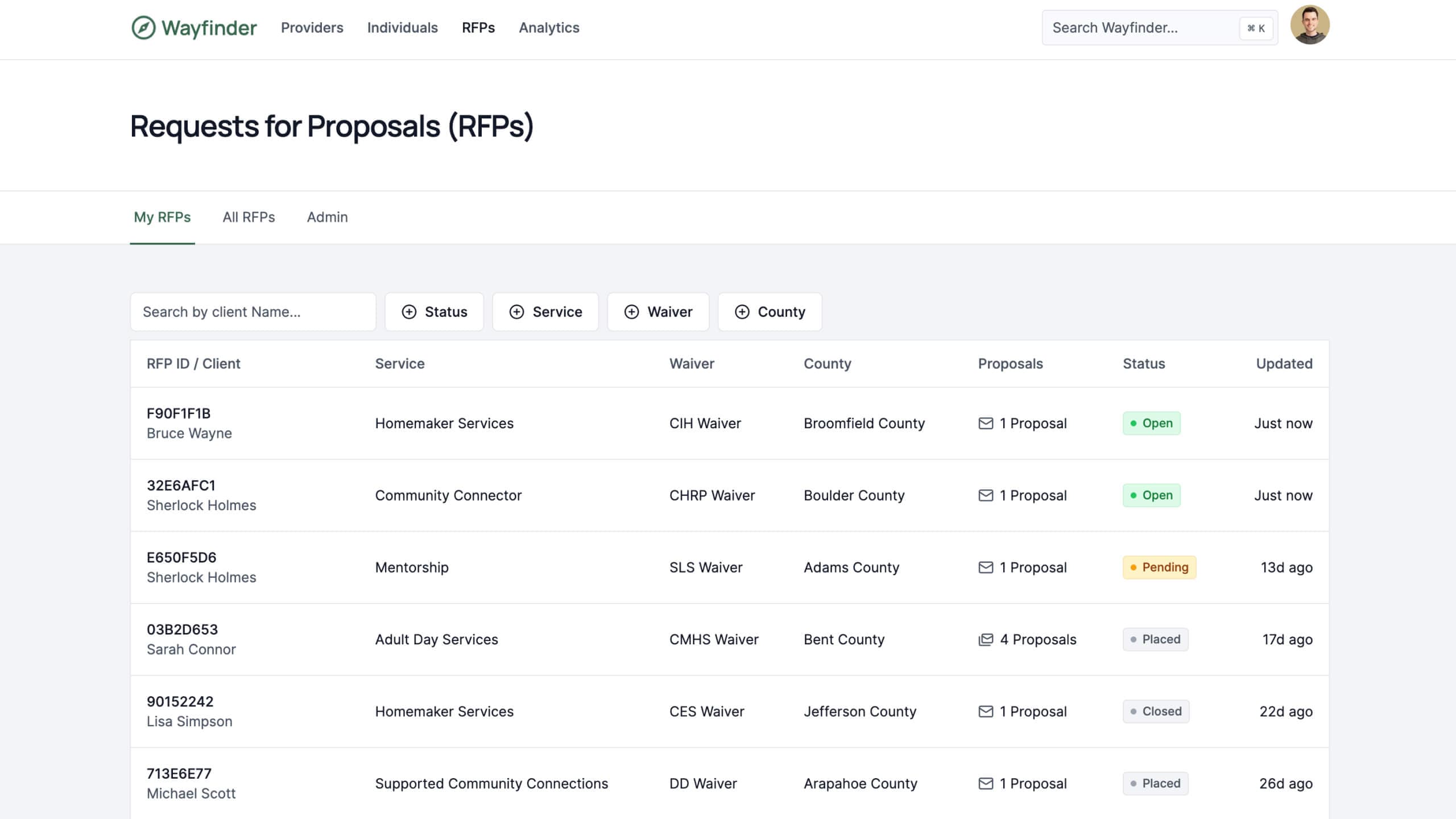 A screenshot of Wayfinder's RFP management dashboard for case management agencies.