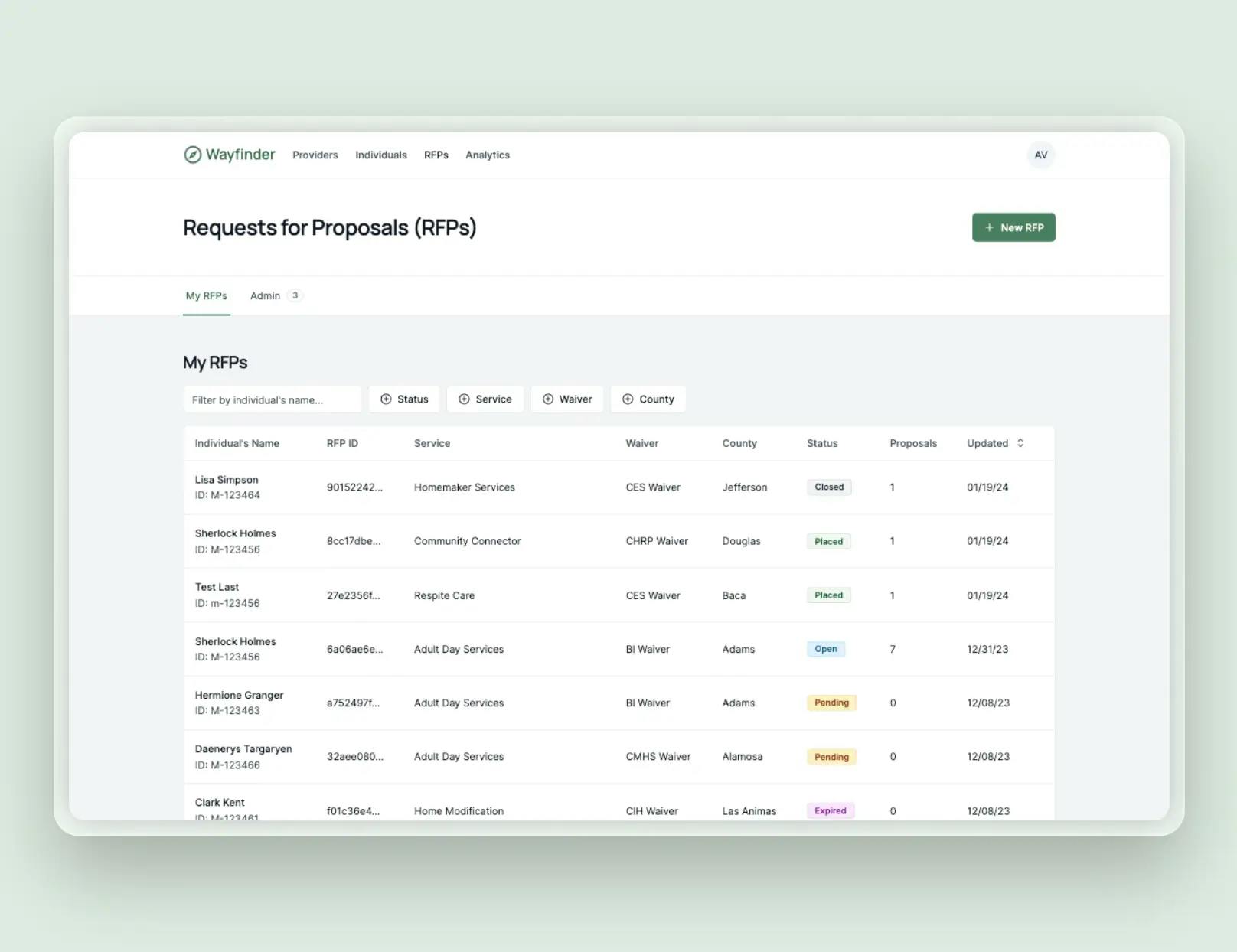 A screenshot of Wayfinder's RFP management tools against a light green background.