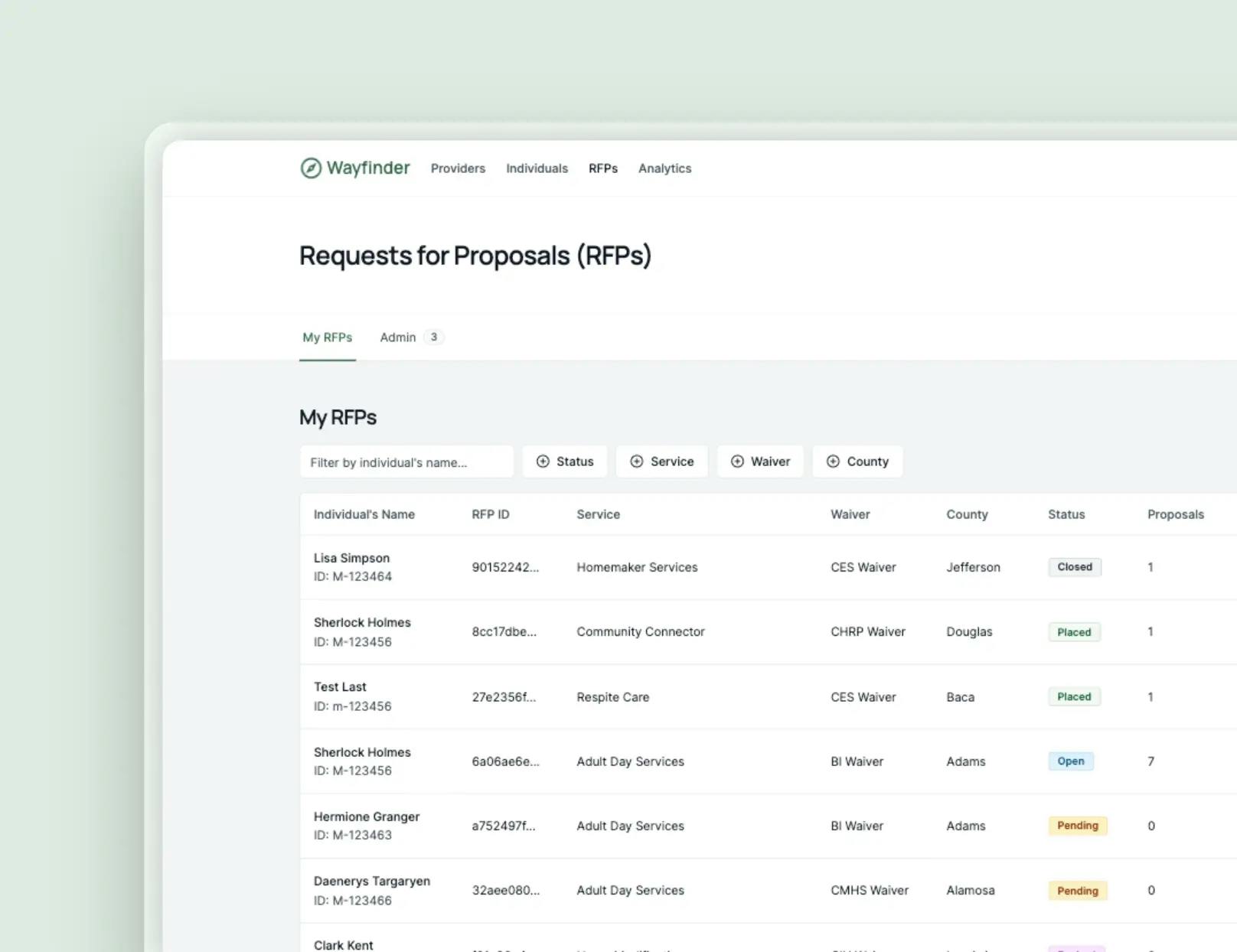 A screenshot of Wayfinder's RFP management tools against a light green background.