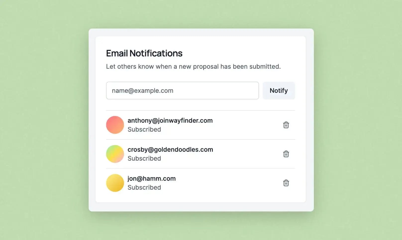 A screenshot of the email notifications module in the Wayfinder RFP dashboard.