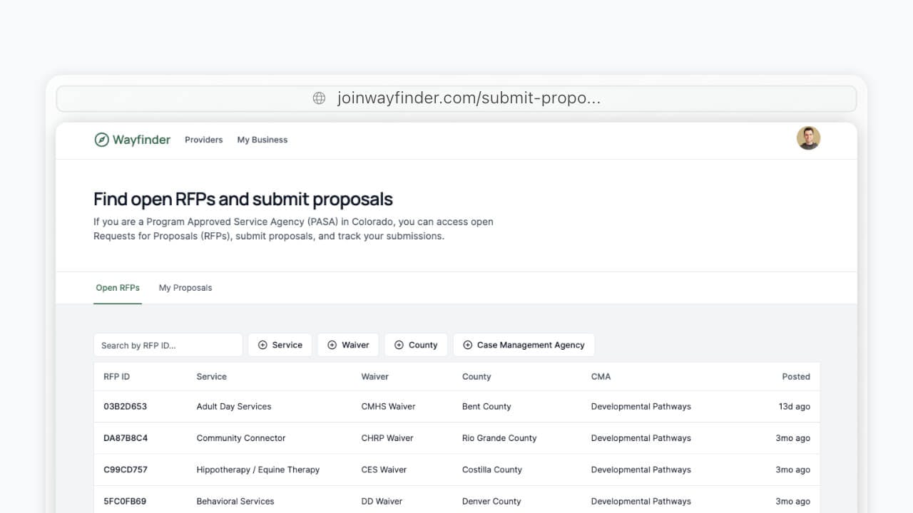 A screenshot of the open RFP search module on Wayfinder.